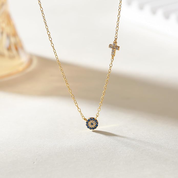 SUYACS Gold Evil Eye Necklaces for Women 925 Sterling Silver Small Cross Pendant Necklace Blue Cubic Zirconia Eye Charm Chain Christian Baptism Religious Faith Jewelry Christmas Gifts for Mom