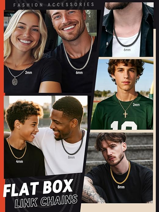 FaithHeart Mens Black/Silver/Gold Stainless Steel Flat Box Link Chain Necklace, Stylish 2/4/6/8mm Width Box Chains Necklaces for Men Non Tarnish Hip Hop Chain Jewelry Gifts,14"-30" Length