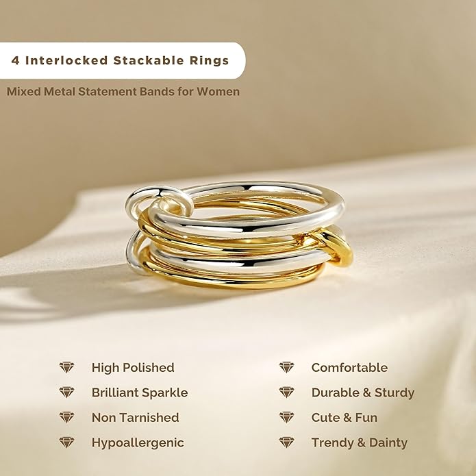 NOKMIT 14K Gold Plated 4 Interlocking Stackable Rings Set with CZ Cubic Zirconia Gold & Silver Mixed Metals Multi-Link Connected Statement Bands for Women Hypoallergenic Non Tarnish Jewelry Gifts