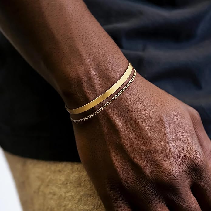 Moodear Stackable Bracelets for Men - Dainty 925 Sterling Silver/14K Gold Plated Cuff Snake Box Cuban Link Chain Bangle Bracelet Set Mens Jewelry