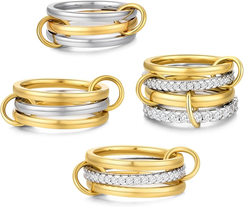 ACLOKOO 4 Pack Interlocked Stackable Rings for Women - 14K Gold Plated Statement 4 Mixed Metals Multi Ring Stack - Cubic Zirconia Two-Toned Connected Bands Stacking Jewelry