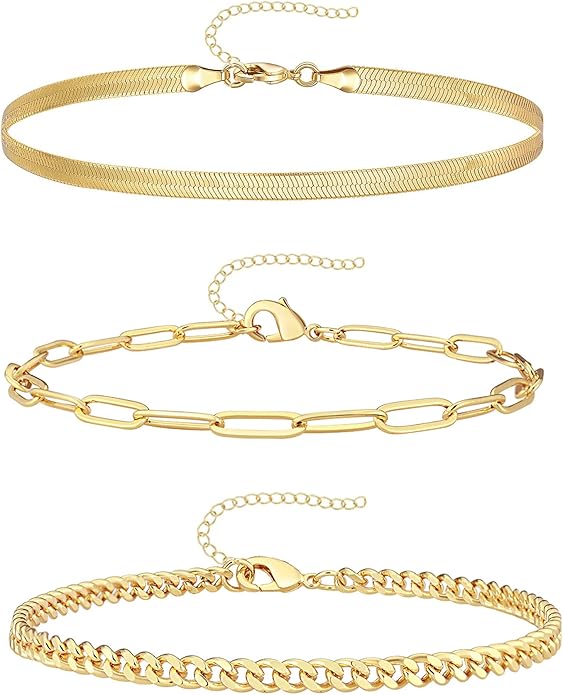 Gold Bracelets for Women Trendy,14K Gold Plated Dainty Stackable Paperclip Cuban Link Chain Bracelets, Simple Cute Cuff Bracelets Jewelry Set Adjustable 7"+2"