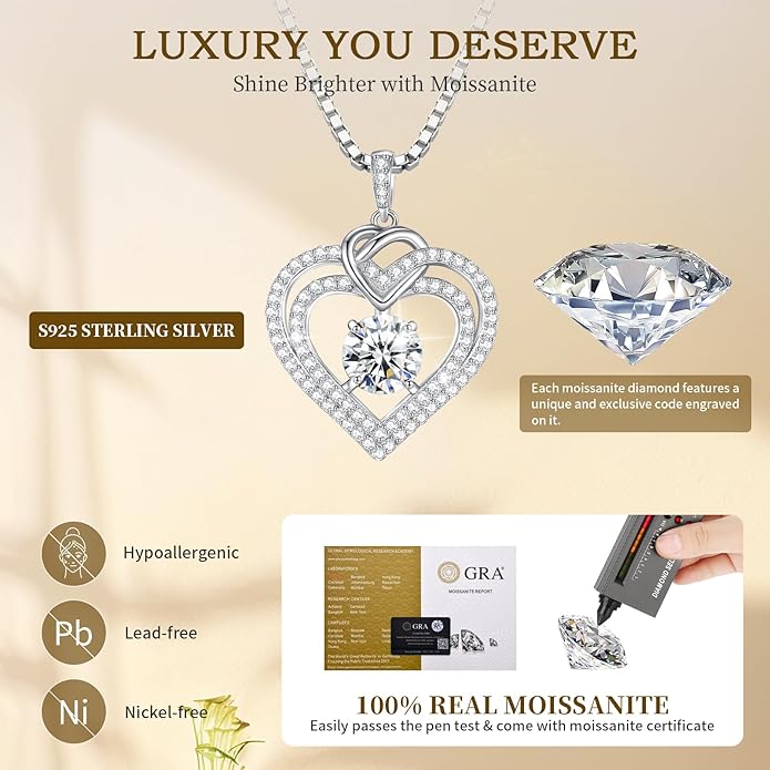 Moissanite Heart Necklaces for Women, 18K White Gold Plated 925 Sterling Silver 1-3CT Moissanite Pendant Jewelry Wedding Anniversary Birthday Christmas Gifts for Wife Mom Girlfriend Sister Grandma