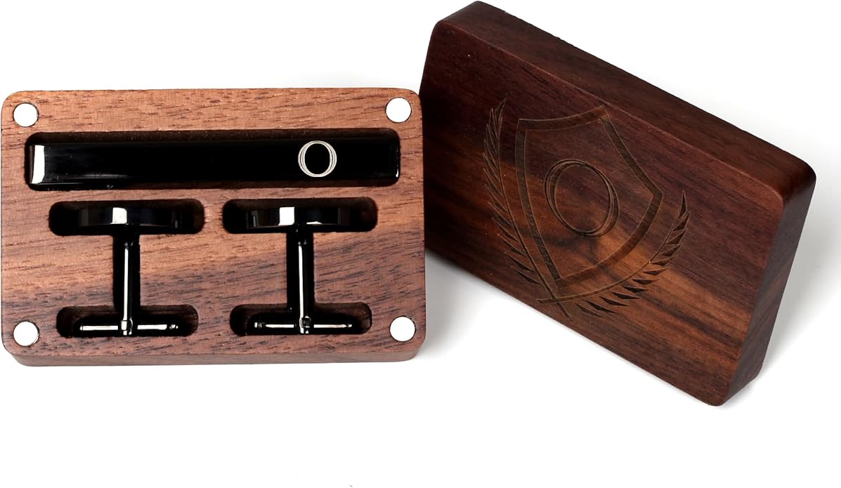 Mens Initial Cufflinks and Tie Clip A-Z Alphabet Letter Black Stainless Cuff Links Tie Bar with Engraved Walnut Wood Box Groom Groomsman Wedding Set