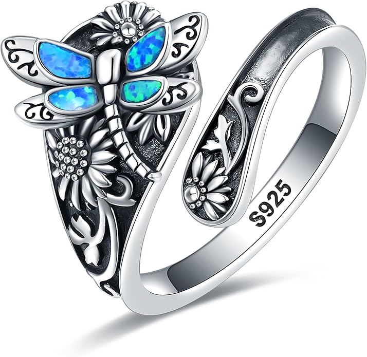 S925-Sterling-Silver Abalone Dragonfly-Turquoise Spoon Ring - Vintage Boho Sunflower Thumb Oxidized Wrap Rings Victorian Style Antique Floral Jewelry Gifts for Women