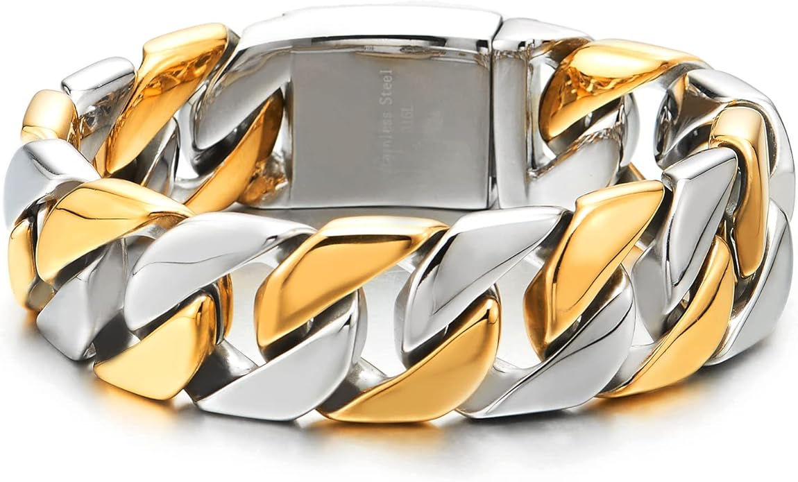 COOLSTEELANDBEYOND Mens Stainless Steel Large Curb Chain Link Bracelet Solid Curb Chain Wristband Biker Punk Jewelry Masculine Accessory