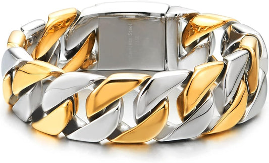 COOLSTEELANDBEYOND Mens Stainless Steel Large Curb Chain Link Bracelet Solid Curb Chain Wristband Biker Punk Jewelry Masculine Accessory