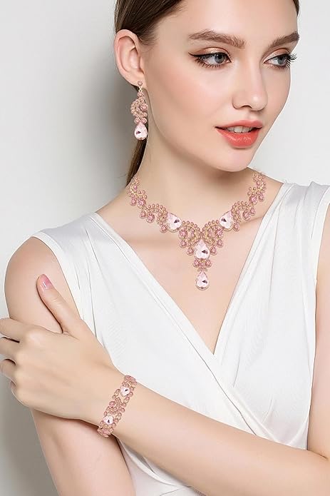 Paxuan Crystal Bridal Wedding Jewelry Sets for Women Rhinestone Teardrop Crystal Statement Choker Necklace Drop Earrings Link Bracelets Rings Teardrop Jewelry Set for Brides Bridesmaids