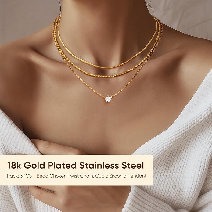 KSF Gold Layered Necklaces for Women - 18K Gold Plated Choker Necklace, 3PCS Women's Cubic Zirconia Choker Simple Dainty Stackable Pendant Necklaces Trendy Jewelry Gift for Women