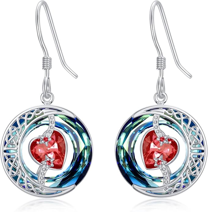 TOUPOP Birthstone Earrings for Women 925 Sterling Silver Moon and Star Dangle Earrings with Blue Crystal BirthdayJewelry Christmas Gifts for Women