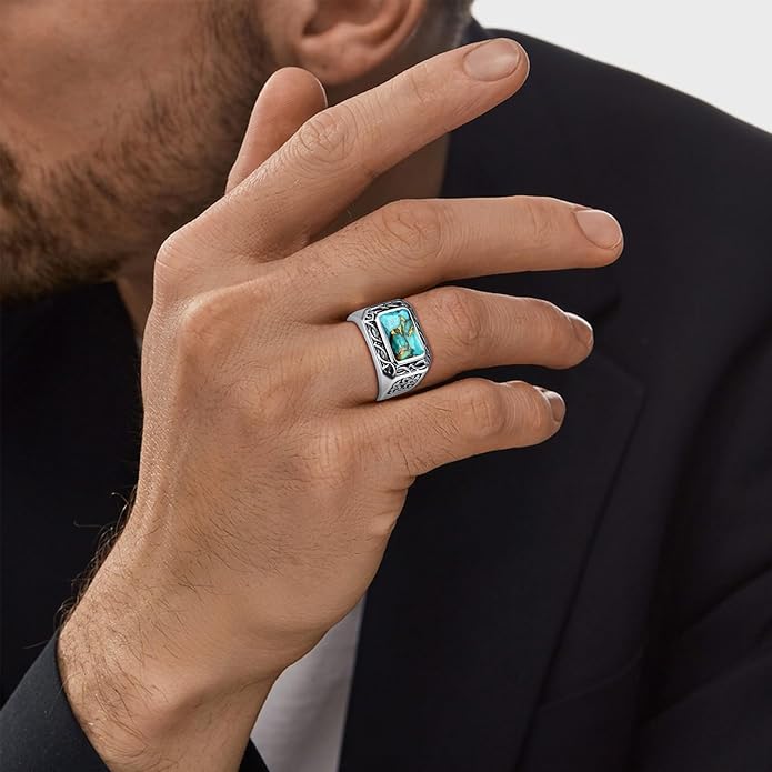 5CT 8X12mm Radiant Cut Teal Turquoise Ring/Created Mens Black Onyx 925 Sterling Silver Mens Ring Cocktail Rings Celtic Pattern Pinky Thumb Ring Band for Dad Father Size 7-12