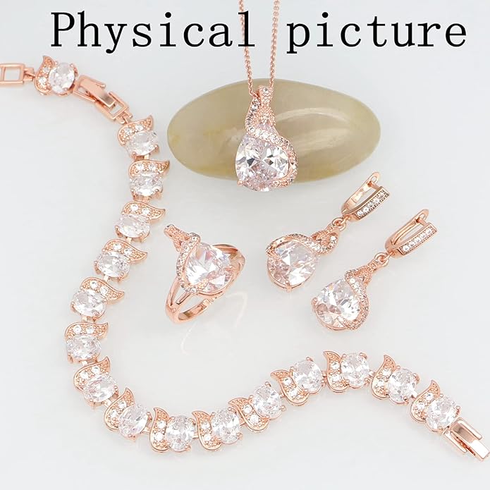 GZWHD Jewelry Set for Women Water Drop Cubic Zirconia Artificial Crystal Earrings Pendant Necklace Open Ring Tennis Bracelet Wedding Anniversary Birthday Engagement Gift for Bridesmaid Wife Girlfriend Friend
