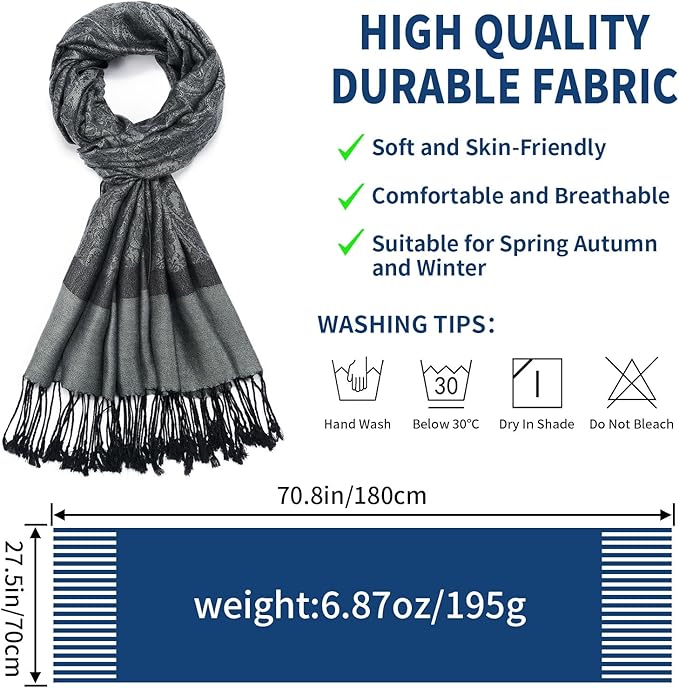 QIUTIMIY Paisley Pashmina Shawl Wrap Women Reversible Vintage Jacquard Pashmina Rave Scarf with Fringe for Evening, Wedding