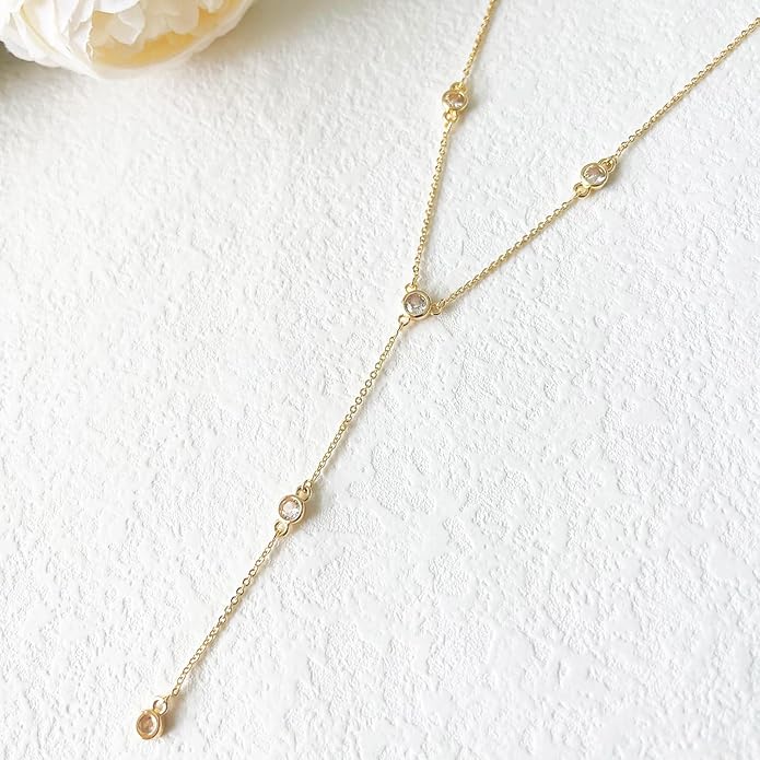 Lariat Gold Necklace for Women, Dainty Long Necklace 14k Gold Plated/Silver Y-Shaped Layered Beaded Chain Drop Necklaces for Women Trendy Simple Gold Jewelry for Women Gifts