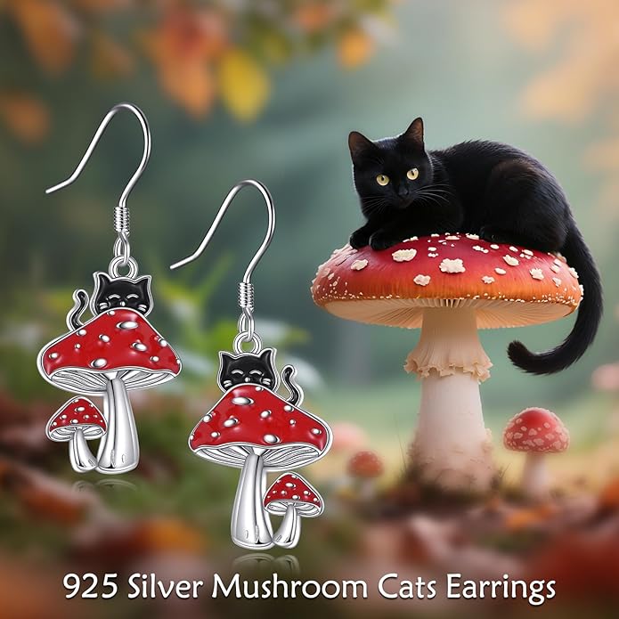 Black Cat Earrings 925 Sterling Silver Black Cat Mushroom Dangle Earrings Animal Jewelry Gifts for Women
