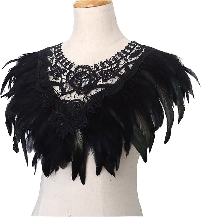L'VOW Real Black Feather Harness Lace Collar Necklace Bib Halloween