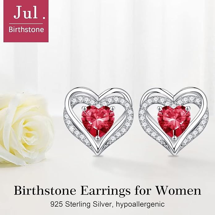 Iefil Birthstone Earrings for Women, 925 Sterling Silver Heart Stud Earrings Birthday Gifts for Women