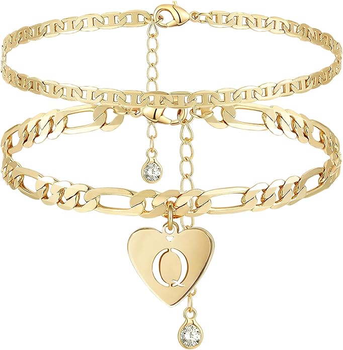 YANODA Initial Ankle Bracelets for Women, Layered Gold Anklets for Women 14k Real Gold Filled Figaro Letter Anklets for women waterproof Summer Jewelry Personalized Gifts for Women