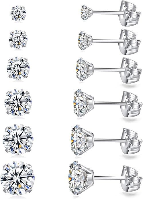 6 Pairs Stud Earrings Set, Hypoallergenic Cubic Zirconia Earrings 316L Stainless Steel CZ Earrings 3-8mm