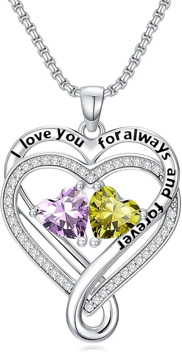 I Love You for Awlays and Forever Double Heart Necklace with Birthstone, 2 Birth Stone Jewelry Anniversary Valentines Mothers Day Christmas Birthday Gifts for Women Her Wife Girlfriend Mom Mother