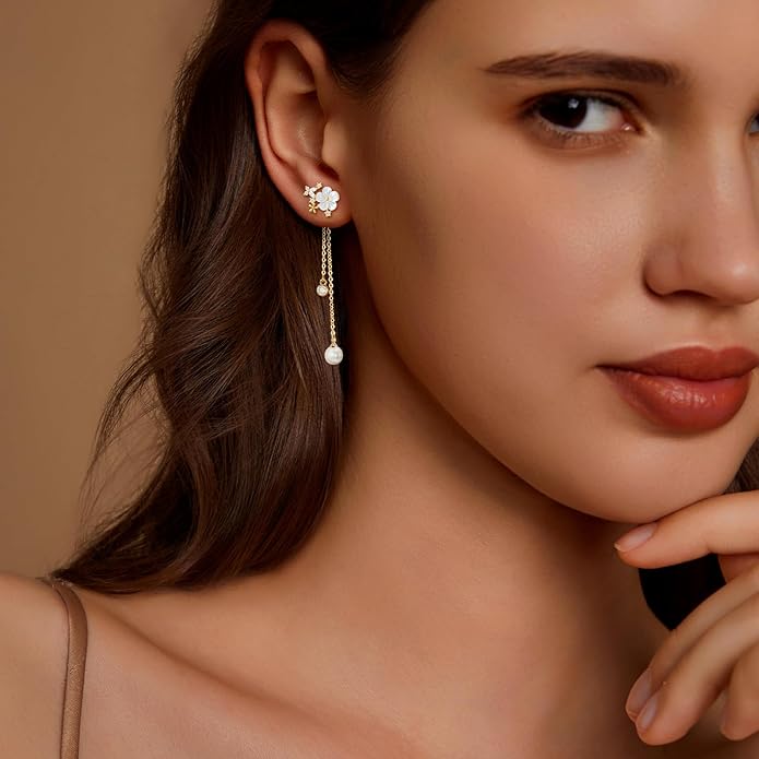 Zeffy Pearl Earrings for Women 14k Gold/Silver Pearl Drop Earrings Long White Pearl Tassel Dangle Statement Earrings Bridal Wedding Dainty Prom Earrings Birthday Gifts Jewelry