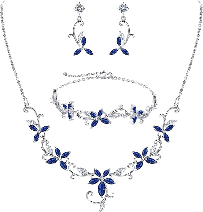 Crysdue Flower Leaf Wedding Jewelry Set for Bridal Bridemaid, Cubic Zirconia Teardrop Elegant Silver/14K/Rose Gold Plated Vine Necklace Dangle Earrings for Prom Party
