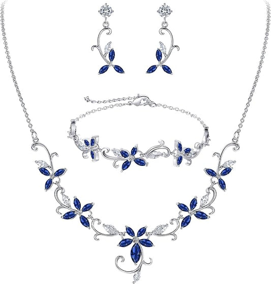 Crysdue Flower Leaf Wedding Jewelry Set for Bridal Bridemaid, Cubic Zirconia Teardrop Elegant Silver/14K/Rose Gold Plated Vine Necklace Dangle Earrings for Prom Party
