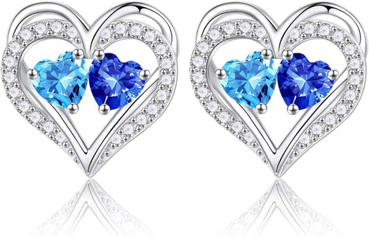 Iefil Birthstone Earrings for Women - 925 Sterling Silver Heart Earrings Anniversary Birthday Gifts for Women Wife Girlfriend Mom