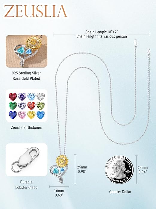 Zeuslia Double Birthstone Necklace Gifts for Wife - 925 Sterling Silver Sunflower/Rose/Crown Cross/Compass/Heart Pendant I Love You Necklace, Anniversary Birthday Gifts for Wife Girlfriend Mom Her