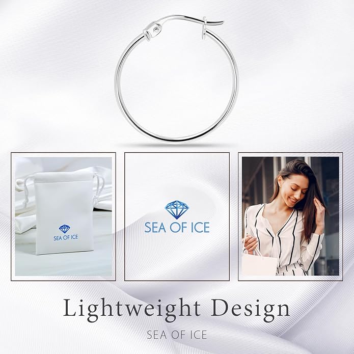 SEA OF ICE 925 Sterling Silver Hoop Earrings for Women - Hypoallergenic Earrings for Women in Sterling Silver, Yellow Gold, Rose Gold or Black Rhodium | Sizes 12MM, 15MM, 20MM or Multipack