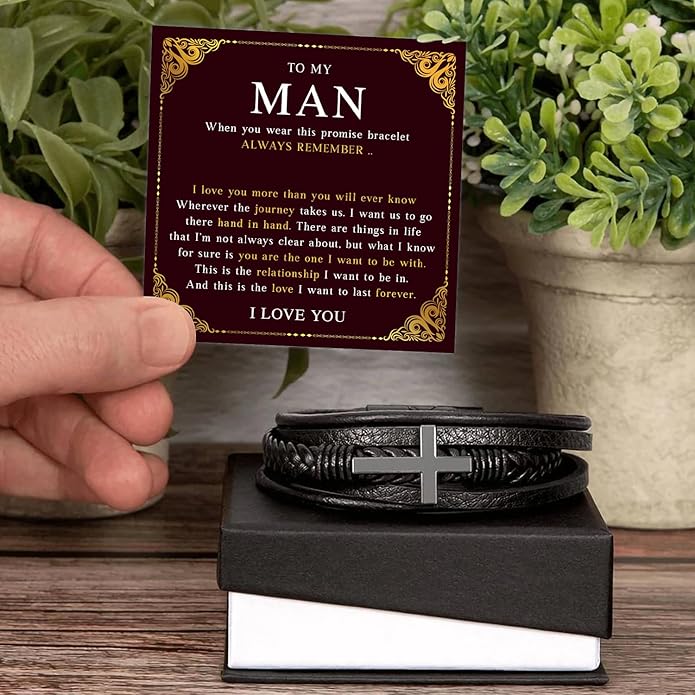 Mapileng To My Man – Braided Leather & Stainless Steel Bracelet with Heartfelt ‘Love You Forever’ - Elegant Gift Box Included, Gift from Girlfriend or Wife for Husband, Boyfriend, or Brother