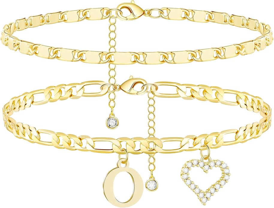 Initial Ankle Bracelets for Women Waterproof 14K Gold Plated Dainty Layered Figaro Chain Letter Initial CZ Heart Ankle Bracelets Set Summer Beach Jewelry for Women