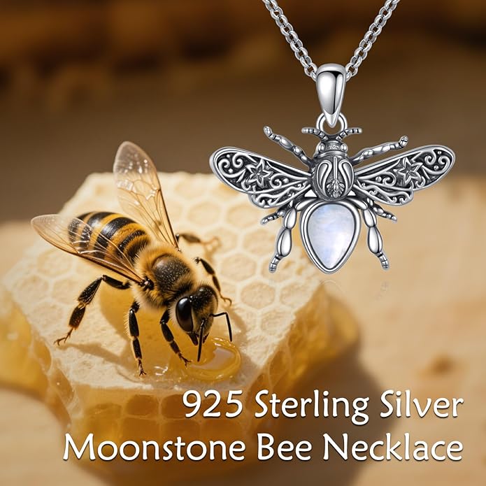 Bee Moonstone Necklace, 925 Sterling Silver Vintage Pendant with Natural Gemstone, Boho Hypoallergenic Jewelry Gift for Her