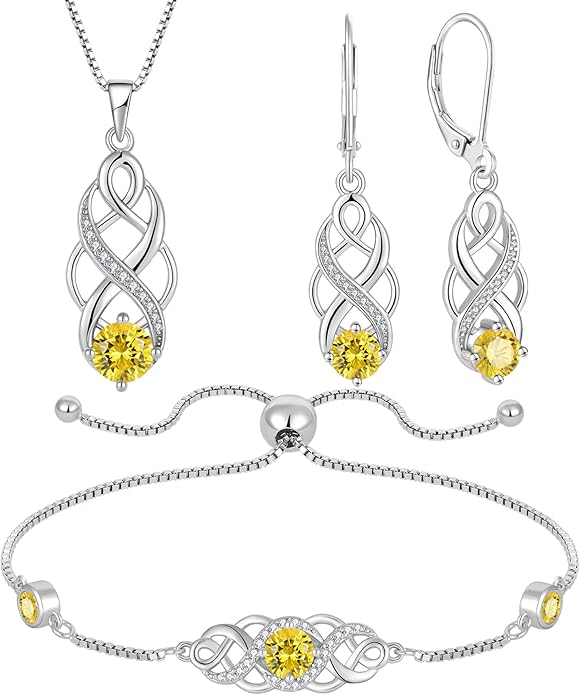 Infinity Irish Celtic Knot Jewelry Set for Women Citrine Necklace & Earrings & Bracelet November Birthstone Jewelry Gifts