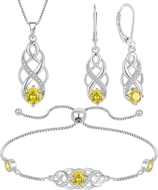 Infinity Irish Celtic Knot Jewelry Set for Women Citrine Necklace & Earrings & Bracelet November Birthstone Jewelry Gifts