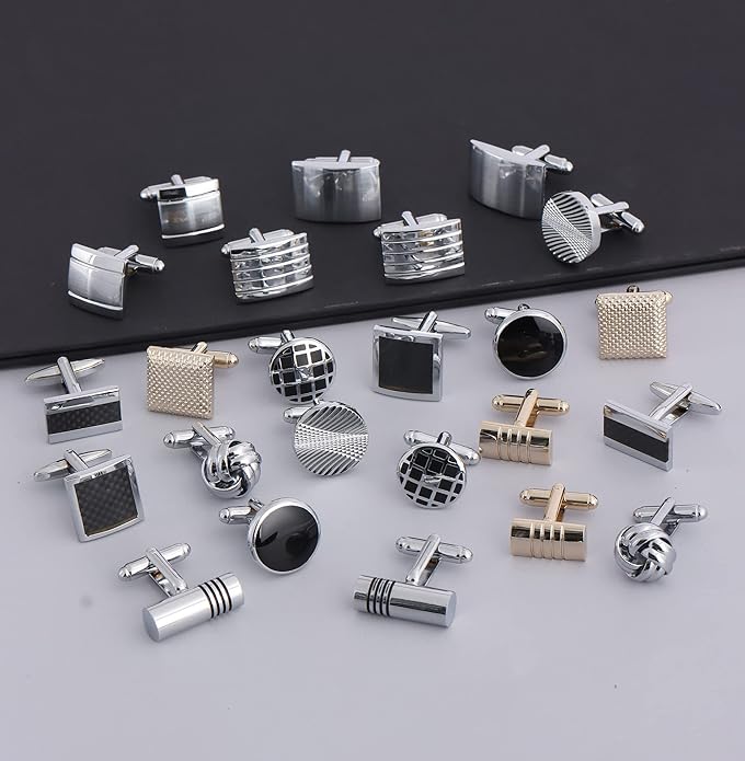 FIRAZIO 12 Pairs Cufflinks for Men Classic Tone Cuff Links Silver Black Striped Disc Square Rectangle Cuff Links Shirt Suit Men’s Cufflinks For Wedding Groom Business Elegant Gift