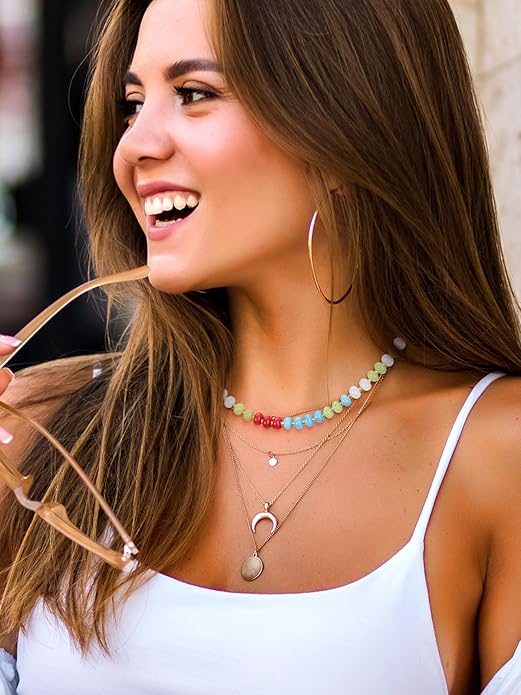 CrystalTears Beaded Gemstone Necklace for Women, Womens Colorful Boho Stone Bead Choker Necklace, Handmade Natural Crystal Stone Summer Beach Jewellery Gifts for Women Mom Christmas
