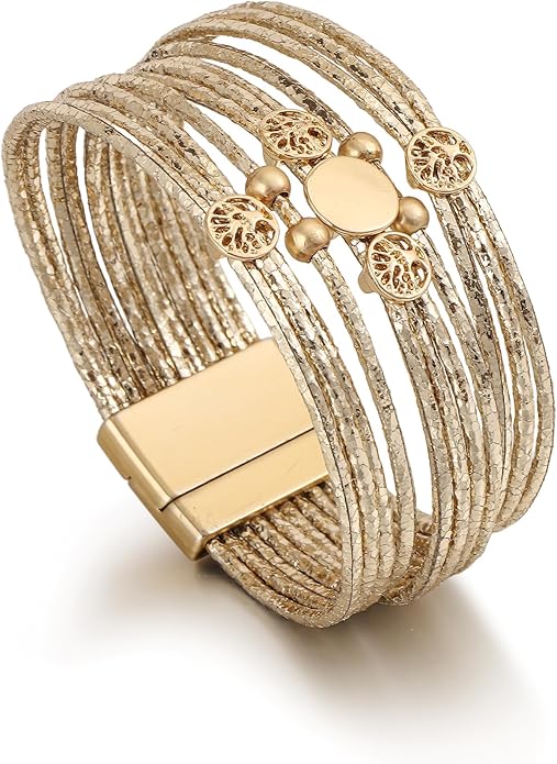 Edoneery Leather Wrap Bracelet for Women, Boho Handmade Multi-Layer Cuff with Crystal Beads Heart, Stackable Bangle Western Jewelry Gift