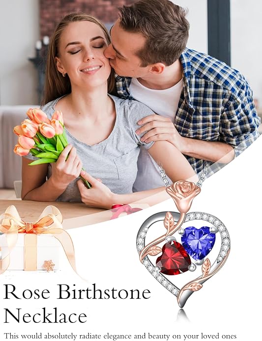 Christmas Gifts for Women Rose Heart Birthstone Pendant Necklace I Love You Forever Jewelry Valentine Mothers Day Birthday Gifts for Women Her Wife Girlfriend