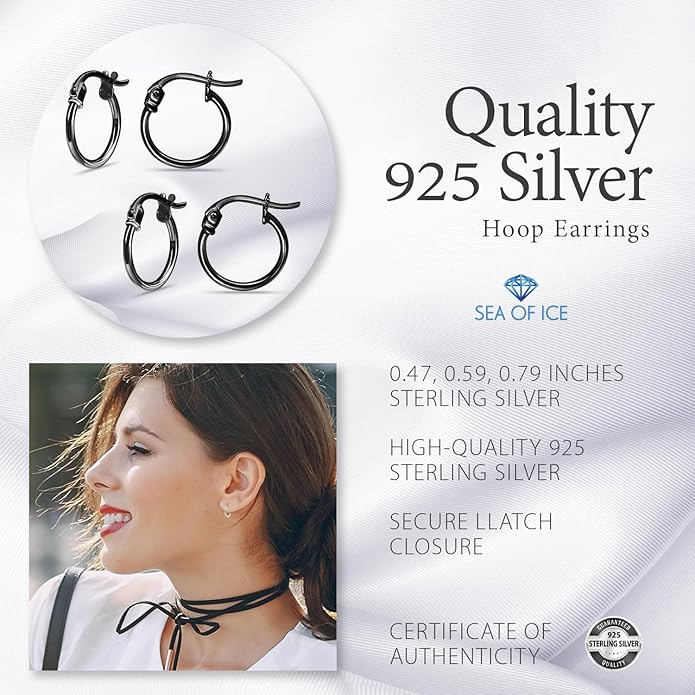 SEA OF ICE 925 Sterling Silver Hoop Earrings for Women - Hypoallergenic Earrings for Women in Sterling Silver, Yellow Gold, Rose Gold or Black Rhodium | Sizes 12MM, 15MM, 20MM or Multipack
