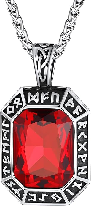 ChainsHouse Viking Rune Pendant Necklace for Men Women, Punk Biker Black Metal/316L Stainless Steel Onyx Norse Vintage Amulet Necklaces with Black/Red/Green/Blue Gemstone, Send Gift Box