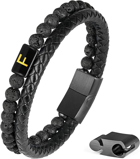 FOCOOG Leather Bracelets for Mens Gifts - Premium Genuine Leather Natural Lava Rock Matte Agate Adjustable Stainless Steel Magnetic Clasp Initial Bracelet, Unique Gifts for Men Husband Dad Son