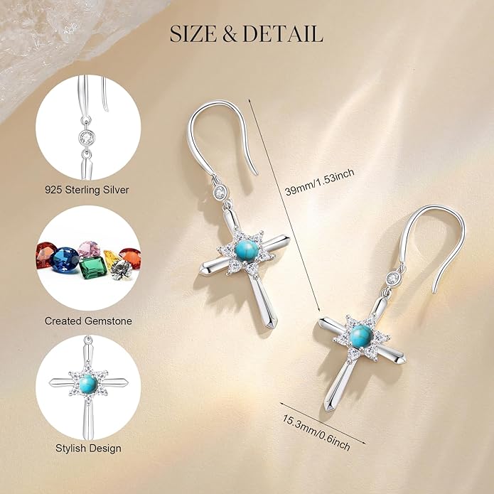 FANCIME Cross Dangle Drop Earrings 925 Sterling Silver Dainty Round Birthstone Earring Fine Jewelry Birthday Gifts for Her Women