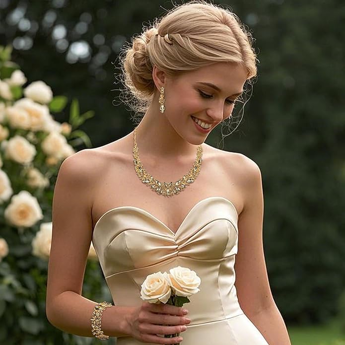 BriLove Women's Wedding Bridal Austrian Crystal Marquise Cluster Collar Necklace Dangle Earrings Set