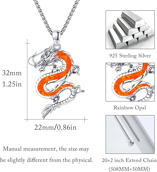 REDSUN 925 Sterling Silver Dragon Pendant Necklace Viking Dragon with Obsidian/Opal Protection Jewelry Gifts for Men Women Her Him Birthday Valentines Day Gifts