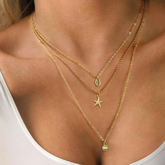 Shell Necklace for Women,14k Gold Plated Layered Starfish Conch SeaShell Pearl Pendant Charm Necklace,Non Tarnish Adjustable Stainless Steel Chain Stack Jewerly for Summer Beach Vacation