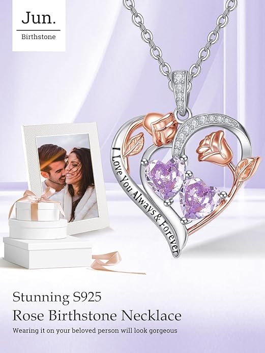 Zeuslia Double Birthstone Necklace Gifts for Wife - 925 Sterling Silver Sunflower/Rose/Crown Cross/Compass/Heart Pendant I Love You Necklace, Anniversary Birthday Gifts for Wife Girlfriend Mom Her