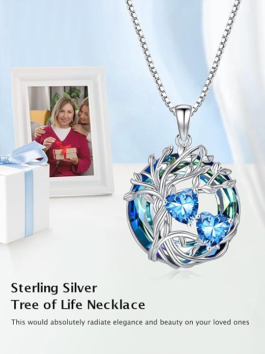 TOUPOP s925 Sterling Silver Family Celtic Tree of Life Pendant Necklaces with 2 Heart Birthstone with Blue Austrian Crystal Jewelry Birthday Anniversary Christmas Gifts for Her Wife Girlfriend Mom (18K Real White Gold Filled)