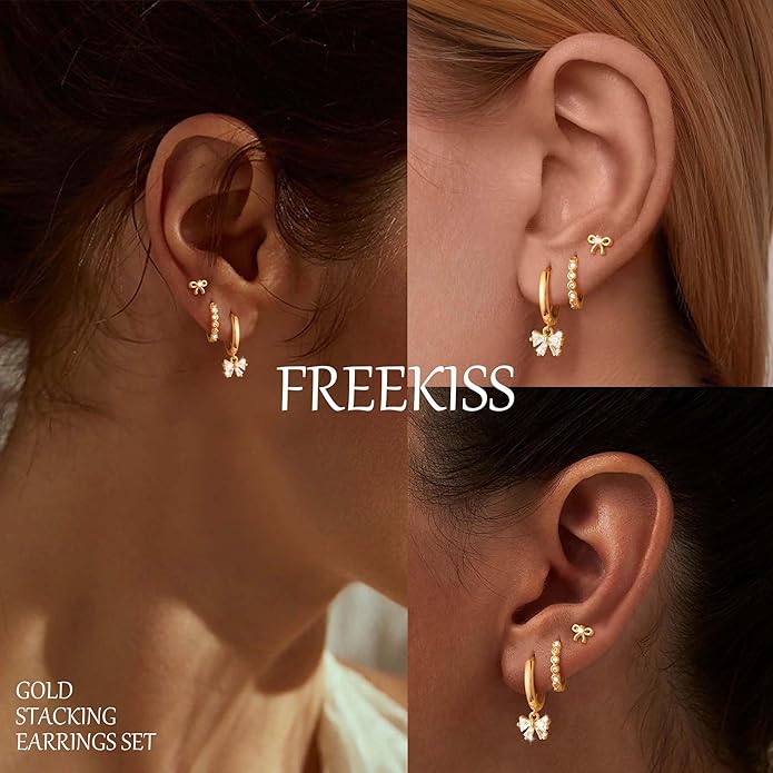 Freekiss 3 Pairs Gold Hoop Earrings Set: Dainty Stud Earrings Trendy Small 14K Gold Plated Hypoallergenic Dangle Cartilage Huggie Hoop Earrings for Women Gold Jewelry for Women Gifts