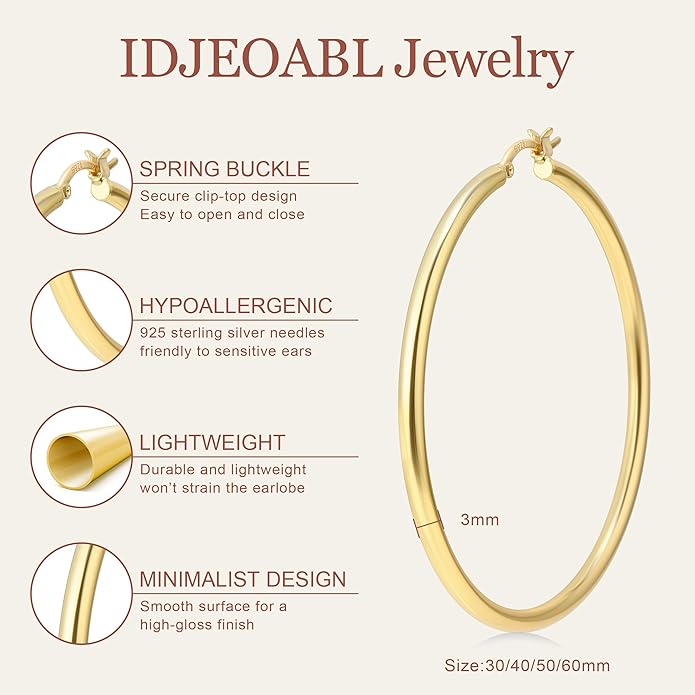 IDJEOABL 3mm Thick Gold Hoop Earrings 14k Gold Plated Chunky Large Big Hoops for Women Non Tarnish Lightweight Hollow Hoop Earrings Jewelry for Women Trendy 30/40/50/60/mm
